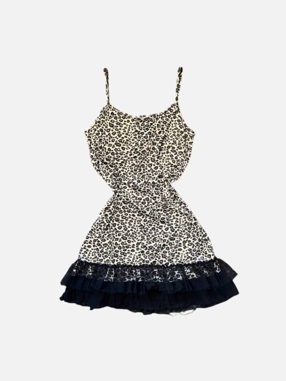 Melody Leopard Print Slip Dress L Y2K Mesh Ruffle Hem